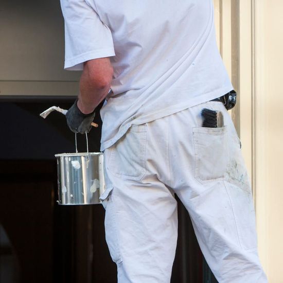 obrero de espaldas sosteniendo cubo de pintura y brocha
